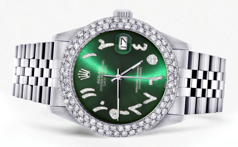 Mens Rolex Datejust Watch 16200 | 36Mm | Green Arabic Diamond Dial | Two Row 4.25 Carat Bezel | Jubilee Band