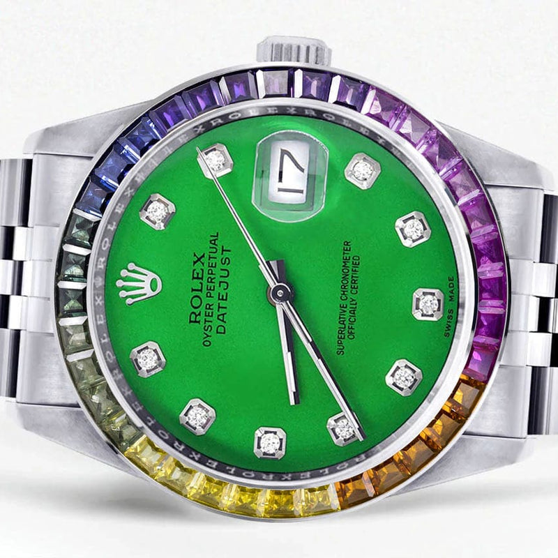 Diamond Gold Rolex Watch For Men 16200 | 36Mm | Rainbow Sapphire Bezel | Green Dial | Jubilee Band