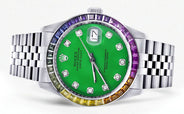 Diamond Gold Rolex Watch For Men 16200 | 36Mm | Rainbow Sapphire Bezel | Green Dial | Jubilee Band