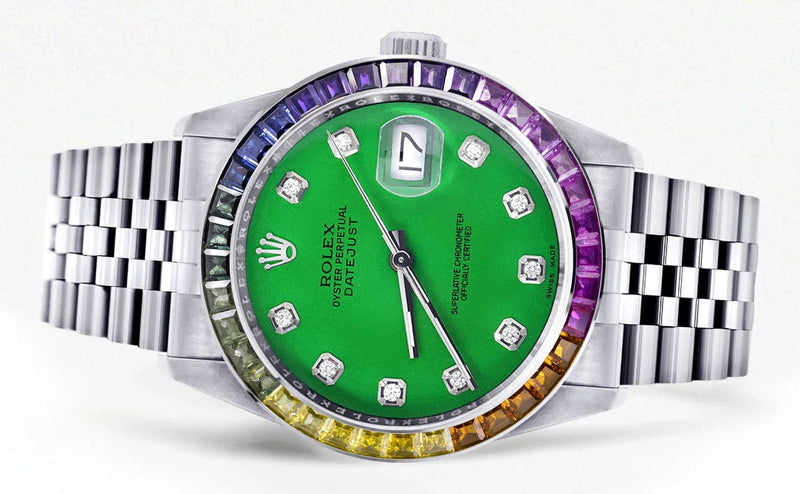 Diamond Gold Rolex Watch For Men 16200 | 36Mm | Rainbow Sapphire Bezel | Green Dial | Jubilee Band