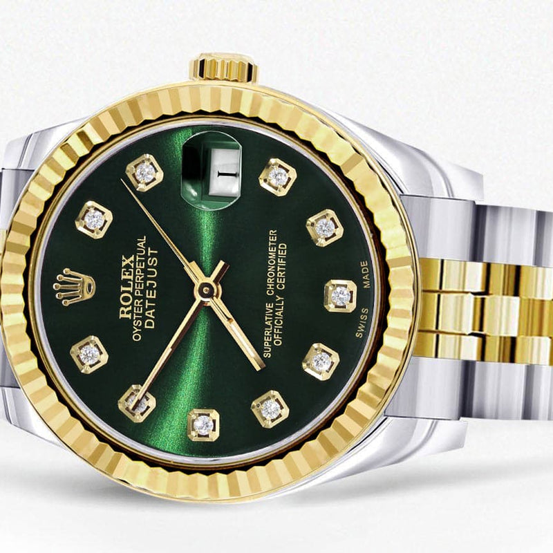 Diamond Gold Rolex Watch | 68273 | Fluted Bezel | 31MM | Green Diamond Dial | Jubilee Band
