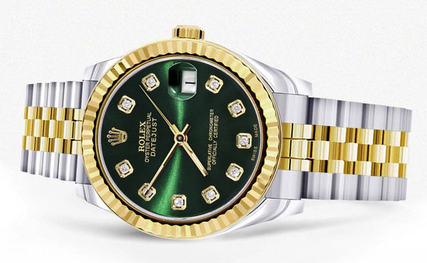 Diamond Gold Rolex Watch | 68273 | Fluted Bezel | 31MM | Green Diamond Dial | Jubilee Band