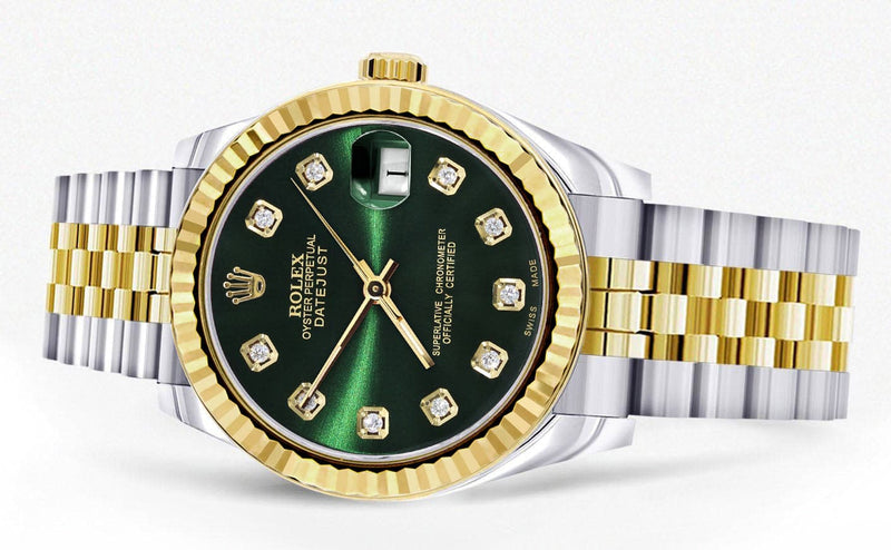 Diamond Gold Rolex Watch | 68273 | Fluted Bezel | 31MM | Green Diamond Dial | Jubilee Band