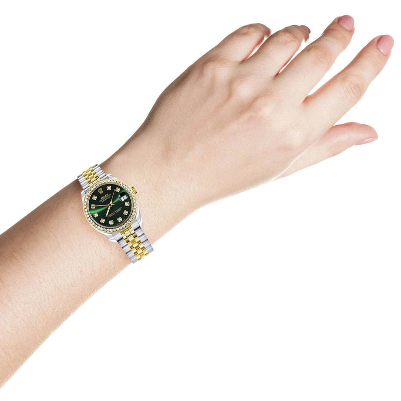 Diamond Gold Rolex Watch | 68273 |Diamond Bezel | 31MM | Green Dial | Jubilee Band