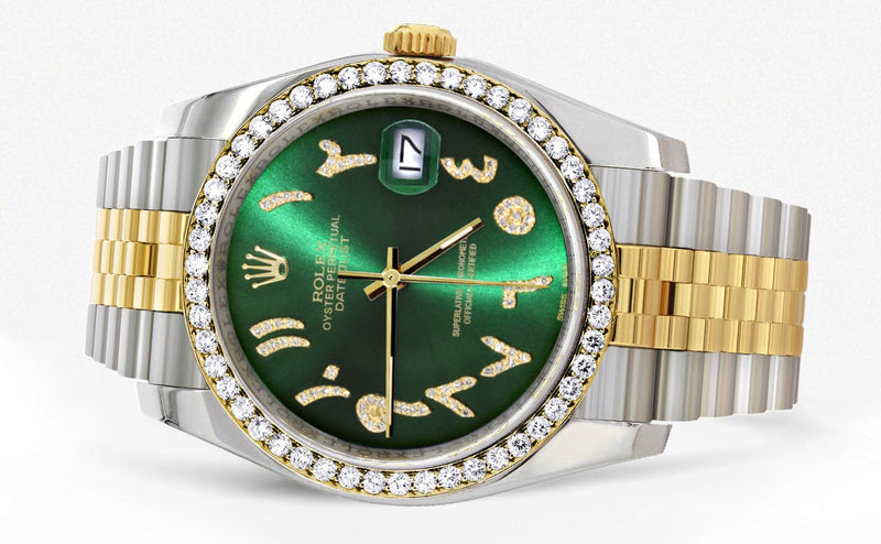 116233 | Hidden Clasp | Gold & Steel Rolex Datejust Watch | 36Mm | Green Arabic Diamond Dial | Jubilee Band