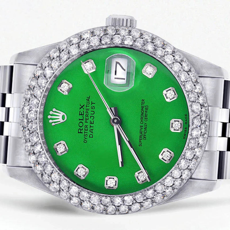 Mens Rolex Datejust Watch 16200 | 36Mm | Green Dial | Two Row 4.25 Carat Bezel | Jubilee Band
