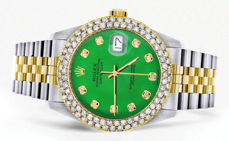 Diamond Gold Rolex Watch For Men 16233 | 36Mm | Custom Green Dial | Two Row 4.25 Carat Bezel | Jubilee Band