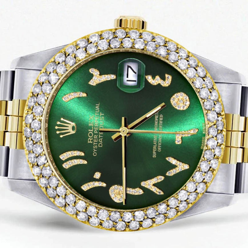 Diamond Gold Rolex Watch For Women 16233 | 36Mm | Green Arabic Diamond Dial | Two Row 4.25 Carat Bezel | Jubilee Band