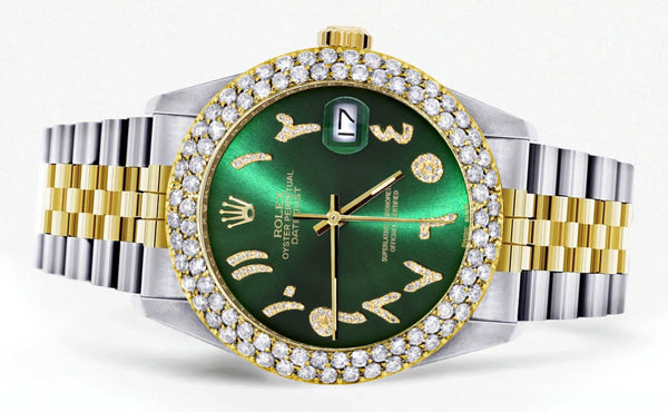 Diamond Gold Rolex Watch For Women 16233 | 36Mm | Green Arabic Diamond Dial | Two Row 4.25 Carat Bezel | Jubilee Band
