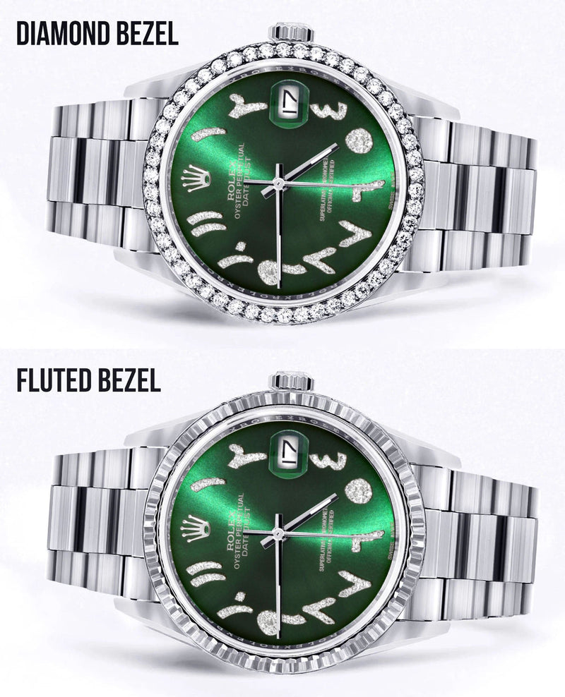 Diamond Mens Rolex Datejust Watch 16200 | 36Mm | Green Arabic Diamond Dial | Oyster Band