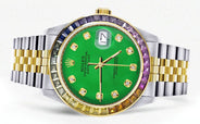 Diamond Gold Rolex Watch For Men 16233 | 36Mm | Rainbow Sapphire Bezel | Green Dial | Jubilee Band
