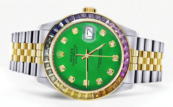 Diamond Gold Rolex Watch For Men 16233 | 36Mm | Rainbow Sapphire Bezel | Green Dial | Jubilee Band