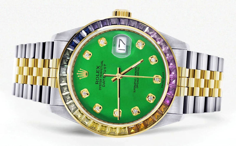 Diamond Gold Rolex Watch For Men 16233 | 36Mm | Rainbow Sapphire Bezel | Green Dial | Jubilee Band
