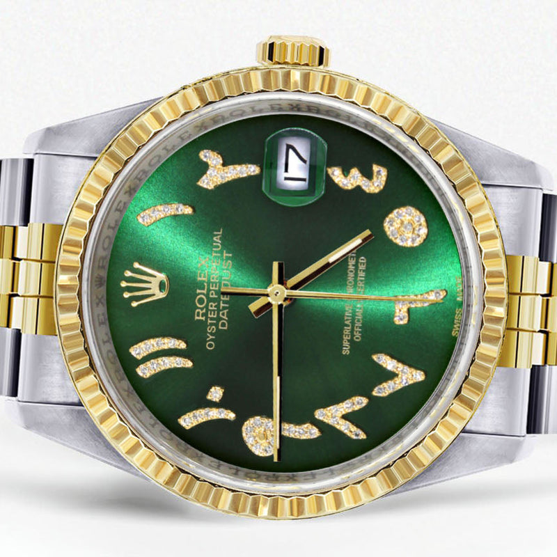 Womens Rolex Datejust Watch 16233 Two Tone | 36Mm | Green Arabic Dial | Fluted Bezel | Jubilee Band