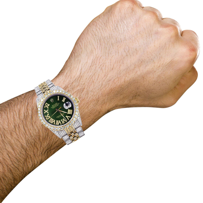 Iced Out Rolex Datejust 36 MM | Two Tone | 10 Carats of Diamonds | Green Roman Diamond Dial