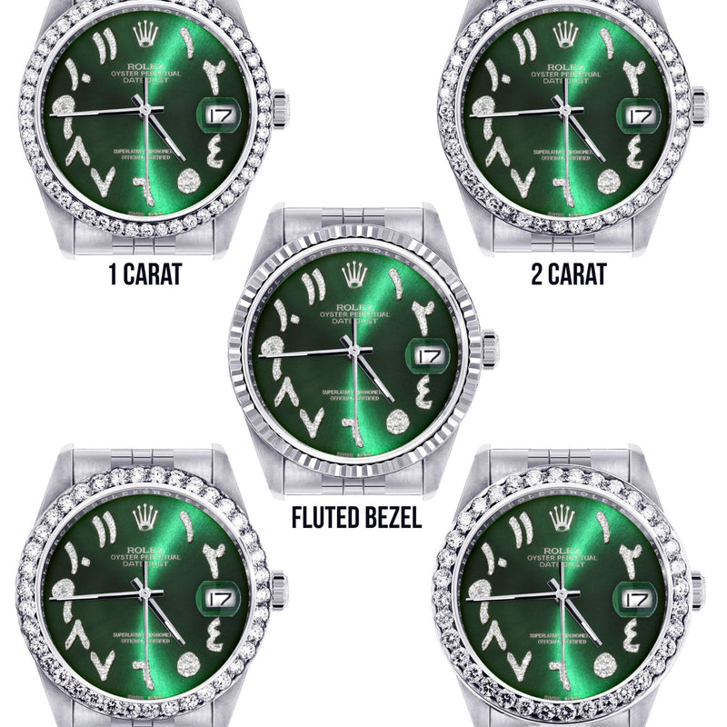 Diamond Mens Rolex Datejust Watch 16200 | 36Mm | Green Arabic Diamond Dial | Jubilee Band