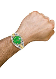 116233 | Diamond Gold Rolex Watch For Men | 36Mm | Green Dial | Oyster Band