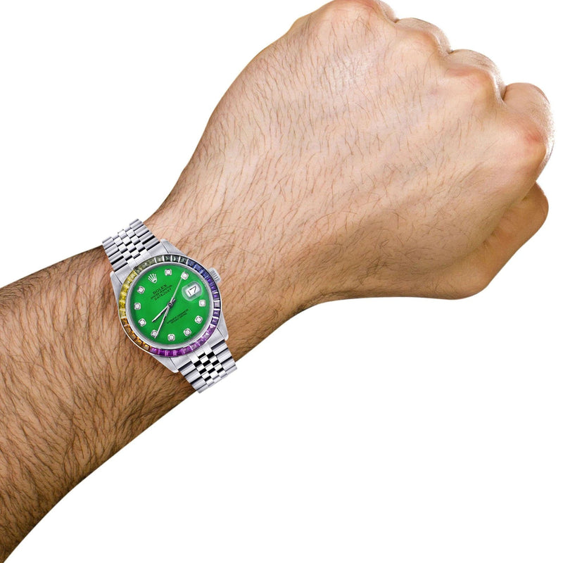 Diamond Gold Rolex Watch For Men 16200 | 36Mm | Rainbow Sapphire Bezel | Green Dial | Jubilee Band