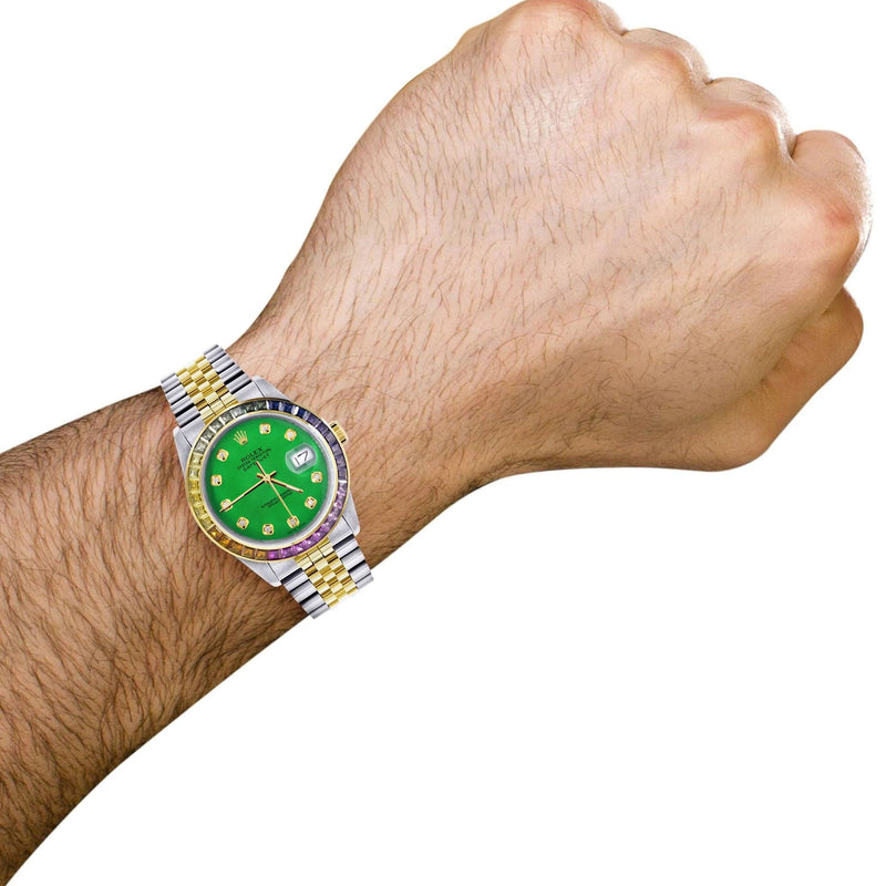Diamond Gold Rolex Watch For Men 16233 | 36Mm | Rainbow Sapphire Bezel | Green Dial | Jubilee Band