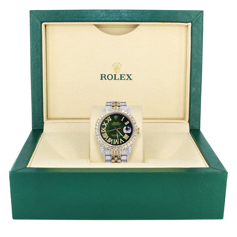 Iced Out Rolex Datejust 36 MM | Two Tone | 10 Carats of Diamonds | Green Roman Diamond Dial