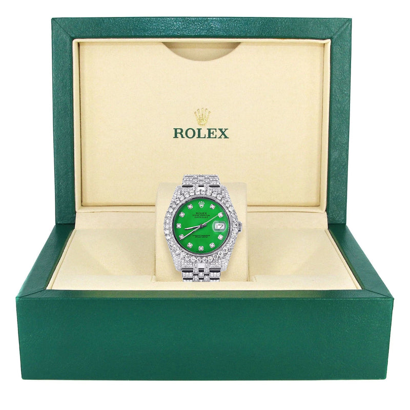 Iced Out Rolex Datejust 36 MM | Stainless Steel | 16.5 Carats of Diamonds | Green Diamond Dial | Jubilee Band | Model 116200