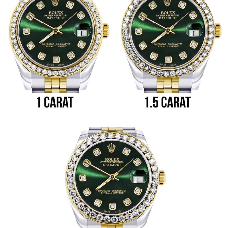 Diamond Gold Rolex Watch | 68273 |Diamond Bezel | 31MM | Green Dial | Jubilee Band