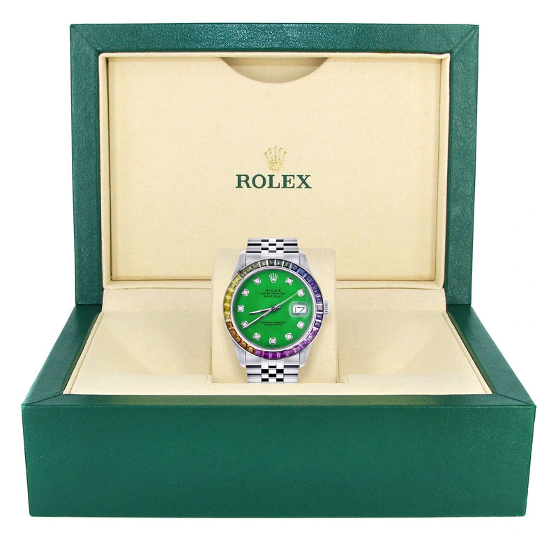Diamond Gold Rolex Watch For Men 16200 | 36Mm | Rainbow Sapphire Bezel | Green Dial | Jubilee Band