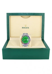 Diamond Gold Rolex Watch For Men 16200 | 36Mm | Rainbow Sapphire Bezel | Green Dial | Jubilee Band