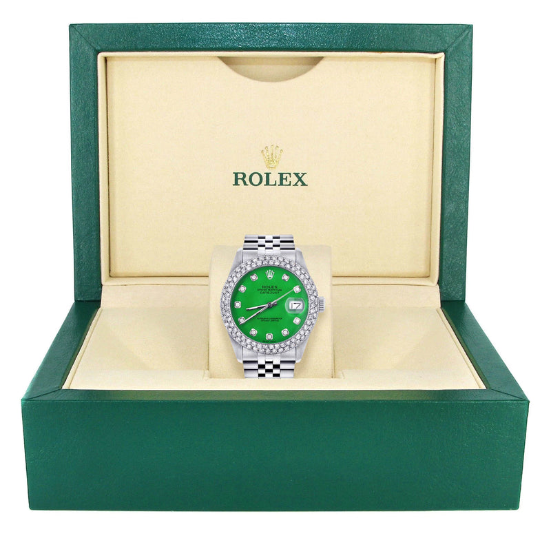 Womens Rolex Datejust Watch 16200 | 36Mm | Green Dial | Two Row 4.25 Carat Bezel | Jubilee Band