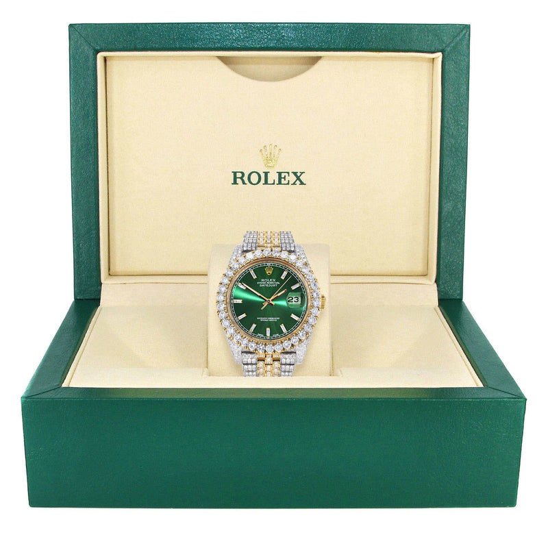 Diamond Iced Out Rolex Datejust 41 | 25 Carats Of Diamonds | Custom Green Diamond Dial | Two Tone | Jubilee Band