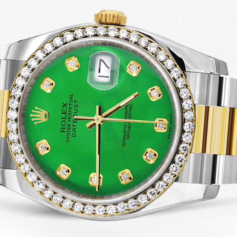 116233 | Diamond Gold Rolex Watch For Men | 36Mm | Green Dial | Oyster Band
