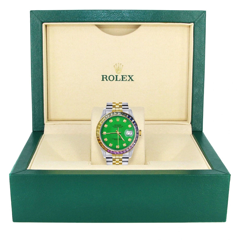 Diamond Gold Rolex Watch For Men 16233 | 36Mm | Rainbow Sapphire Bezel | Green Dial | Jubilee Band
