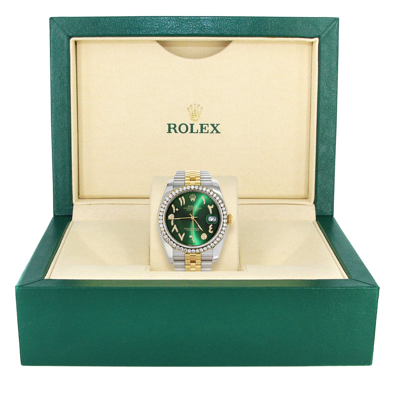 116233 | Hidden Clasp | Gold & Steel Rolex Datejust Watch | 36Mm | Green Arabic Diamond Dial | Jubilee Band