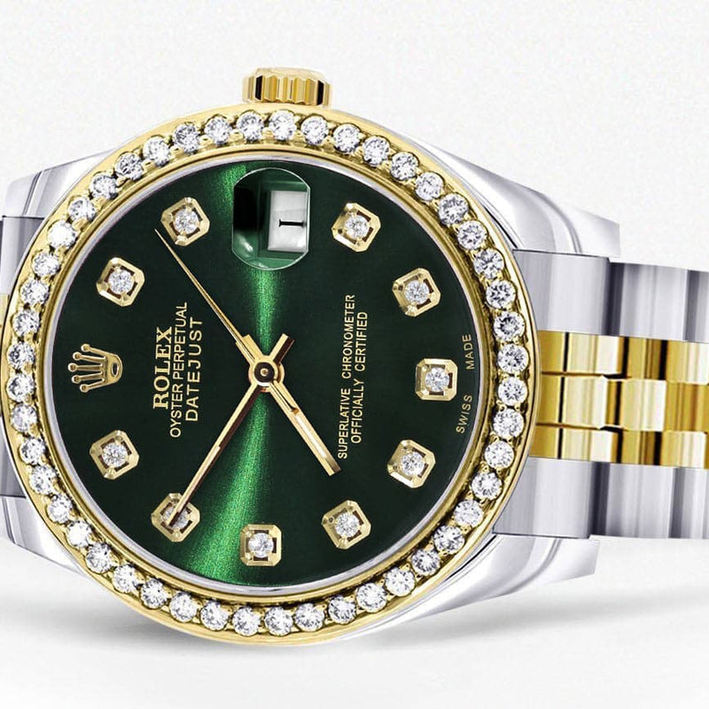 Diamond Gold Rolex Watch | 68273 |Diamond Bezel | 31MM | Green Dial | Jubilee Band