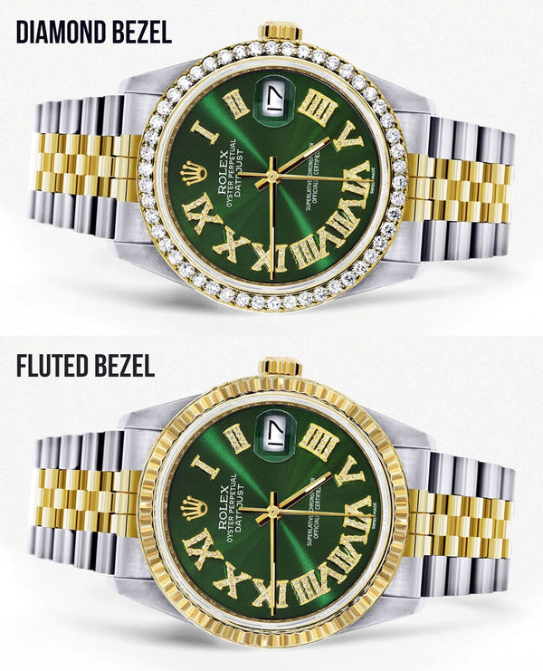 Gold & Steel Rolex Datejust Watch 16233 for Men | 36Mm | Green Roman Dial | Jubilee Band