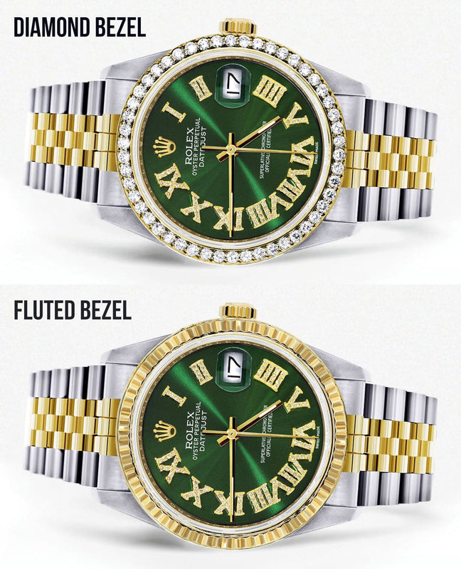 Gold & Steel Rolex Datejust Watch 16233 for Men | 36Mm | Green Roman Dial | Jubilee Band