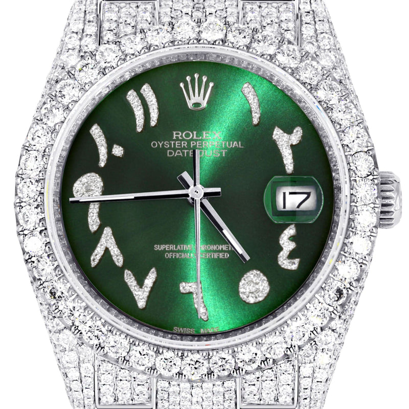 Iced Out Rolex Datejust 36 MM | Stainless Steel | 16.5 Carats of Diamonds | Green Arabic Diamond Dial | Oyster Band | Model 116200