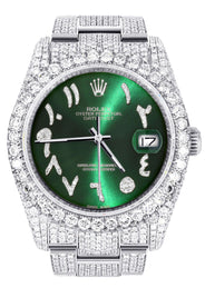 Iced Out Rolex Datejust 36 MM | Stainless Steel | 16.5 Carats of Diamonds | Green Arabic Diamond Dial | Oyster Band | Model 116200
