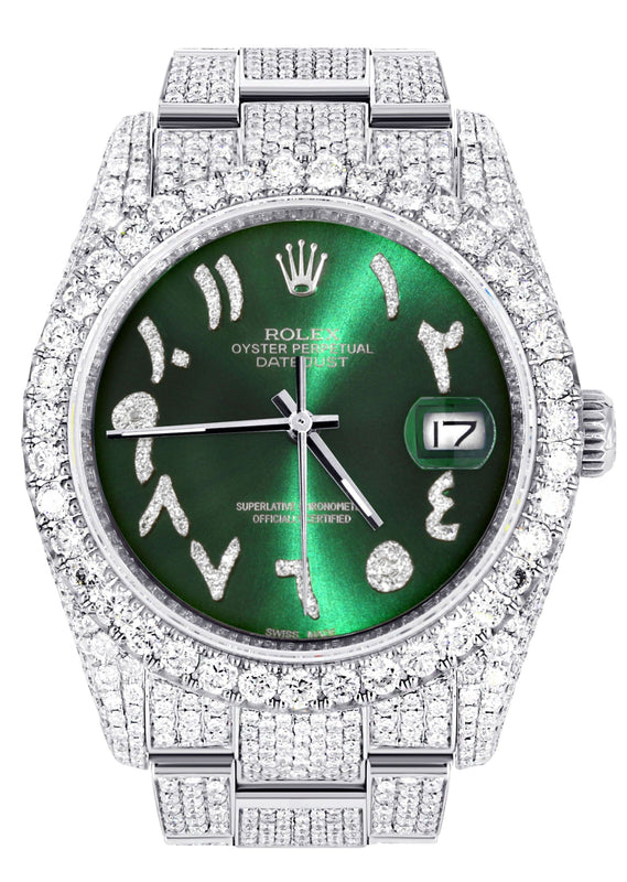 Iced Out Rolex Datejust 36 MM | Stainless Steel | 16.5 Carats of Diamonds | Green Arabic Diamond Dial | Oyster Band | Model 116200