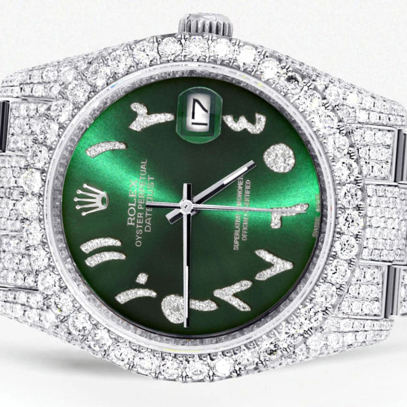 Iced Out Rolex Datejust 36 MM | Stainless Steel | 16.5 Carats of Diamonds | Green Arabic Diamond Dial | Oyster Band | Model 116200