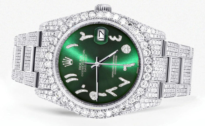 Iced Out Rolex Datejust 36 MM | Stainless Steel | 16.5 Carats of Diamonds | Green Arabic Diamond Dial | Oyster Band | Model 116200