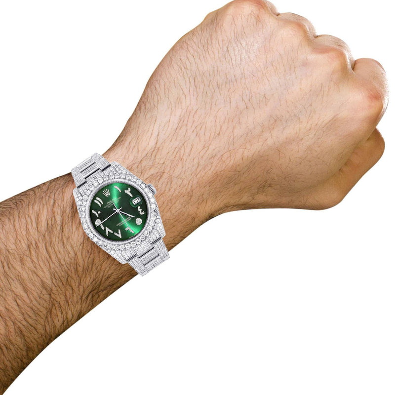 Iced Out Rolex Datejust 36 MM | Stainless Steel | 16.5 Carats of Diamonds | Green Arabic Diamond Dial | Oyster Band | Model 116200