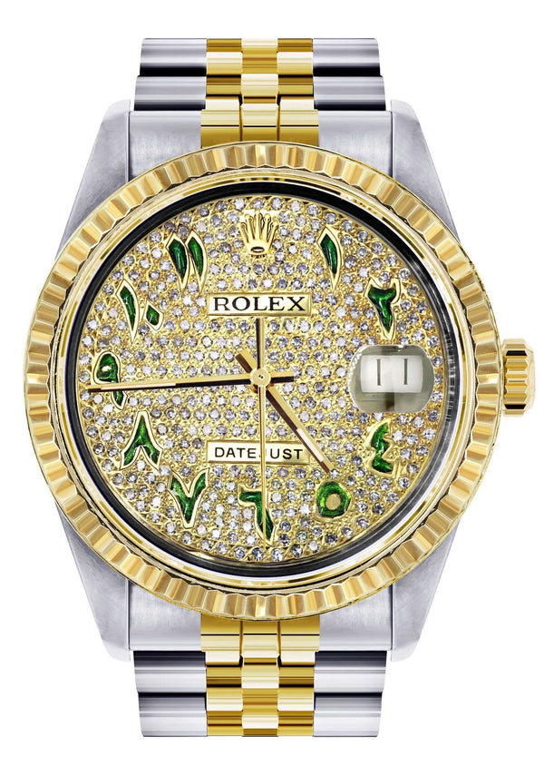 Mens Rolex Datejust Watch 16233 Two Tone | Fluted Bezel | 36Mm | Diamond Green Arabic Numeral | Jubilee Band