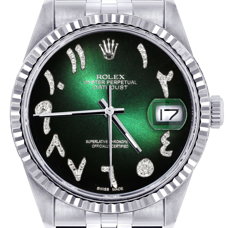 Womens Rolex Datejust Watch 16200 | Fluted Bezel | 36Mm | Green Black Arabic Dial | Fluted Bezel | Jubilee Band