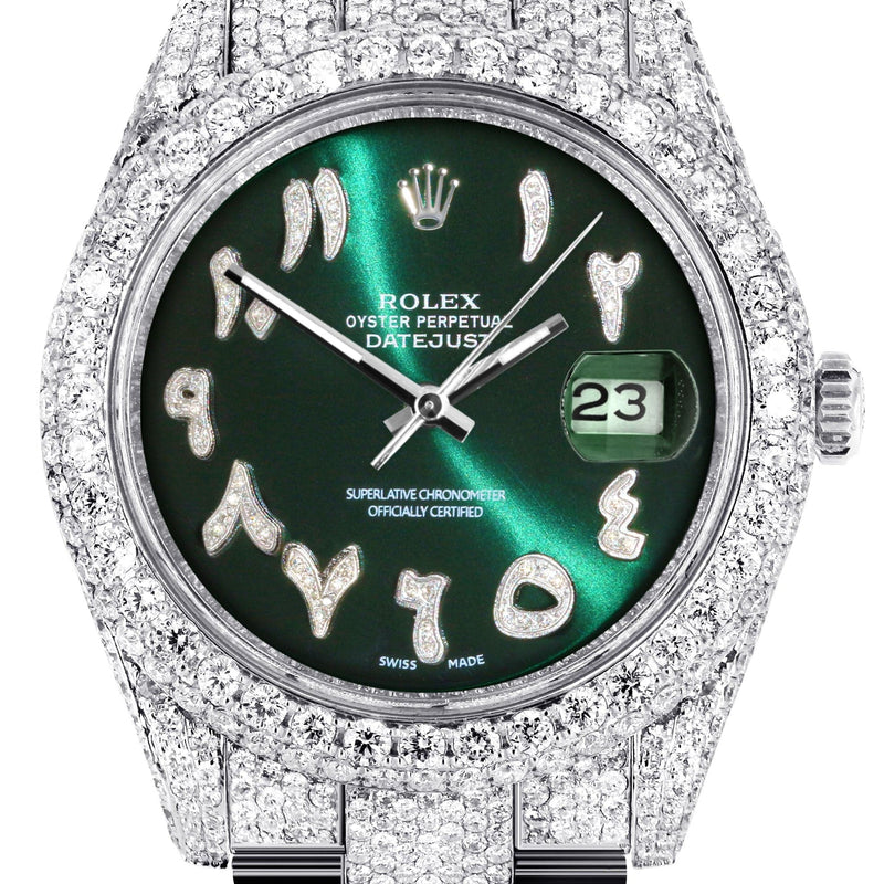 Diamond Iced Out Rolex Datejust 41 | 25 Carats Of Diamonds | Custom Green Arabic Numeral Diamond Dial | Two Row | Oyster Band