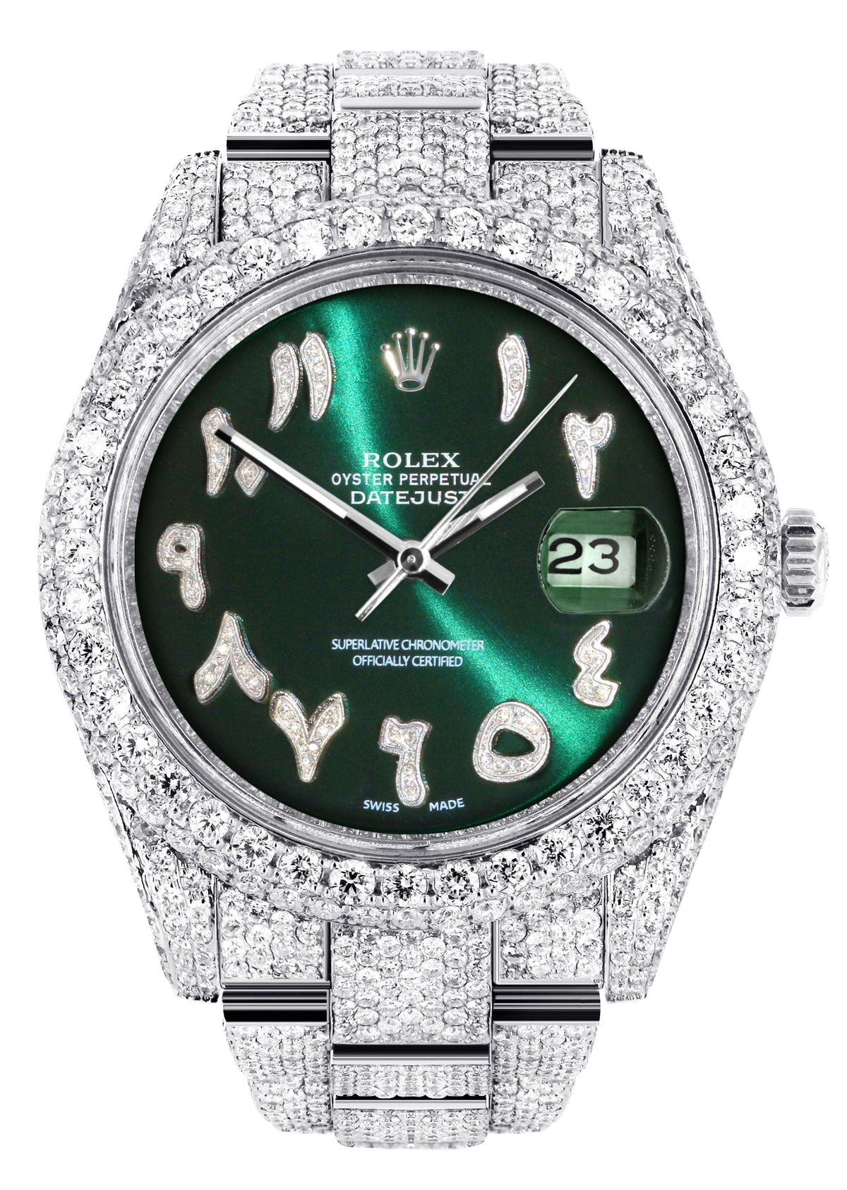 Diamond Iced Out Rolex Datejust 41 | 25 Carats Of Diamonds | Custom Green Arabic Numeral Diamond Dial | Two Row | Oyster Band