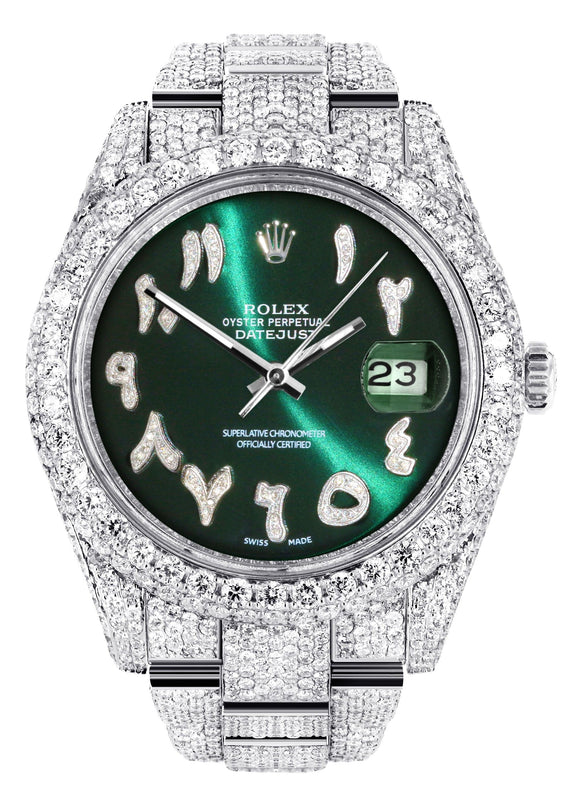Diamond Iced Out Rolex Datejust 41 | 25 Carats Of Diamonds | Custom Green Arabic Numeral Diamond Dial | Two Row | Oyster Band