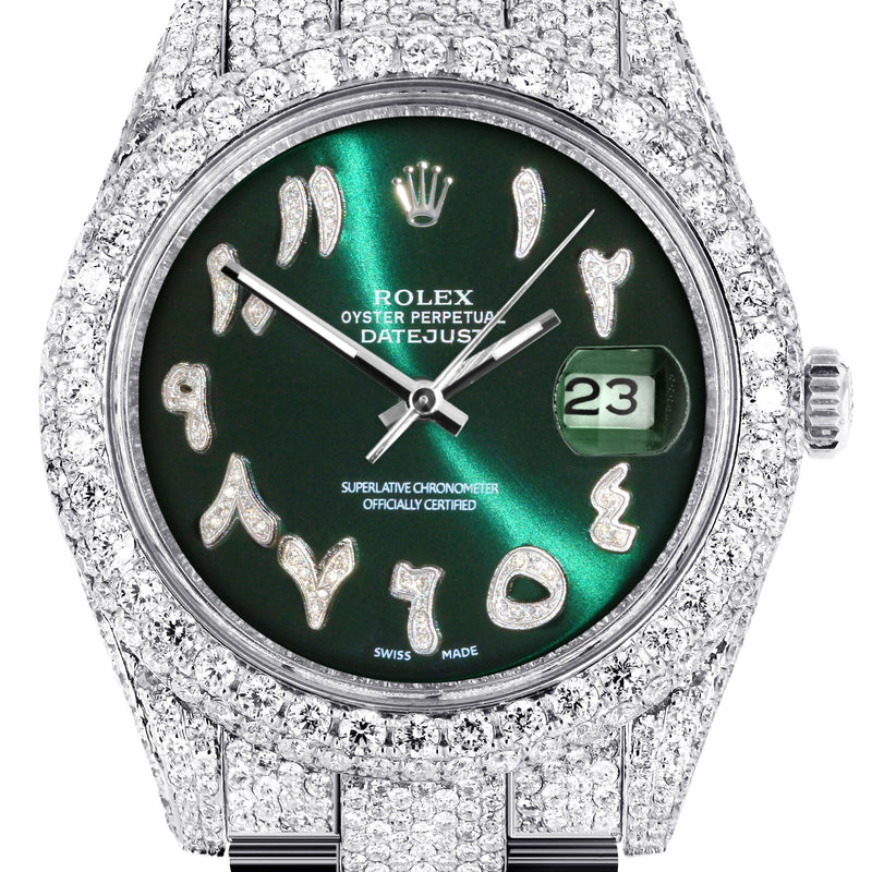 Womens Diamond Iced Out Rolex Datejust 41 | 25 Carats Of Diamonds | Custom Green Arabic Numeral Diamond Dial | Two Row | Oyster Band