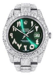 Womens Diamond Iced Out Rolex Datejust 41 | 25 Carats Of Diamonds | Custom Green Arabic Numeral Diamond Dial | Two Row | Oyster Band