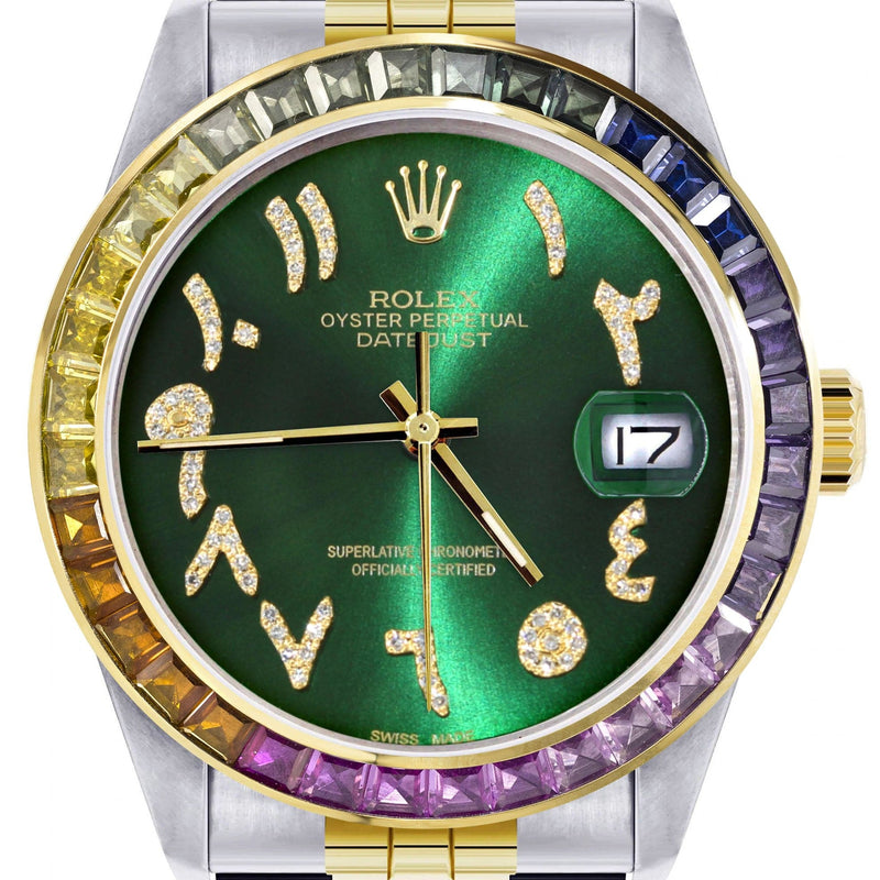 Diamond Gold Rolex Watch For Men 16233 | 36Mm | Rainbow Sapphire Bezel | Diamond Green Arabic Numeral Dial | Jubilee Band